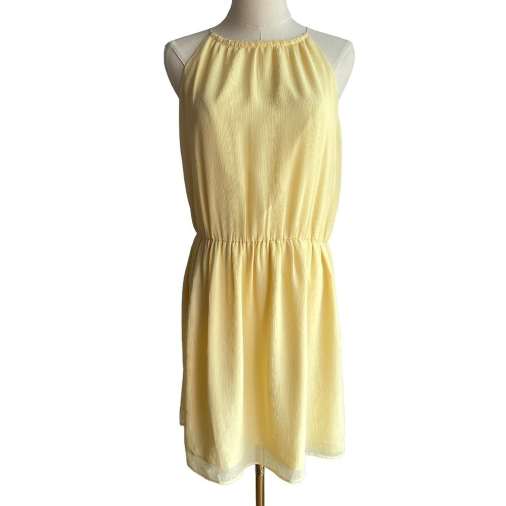 Lemon Yellow Chiffon Dress Sz M High Neck Knee Length Sleeveless Summer Casual